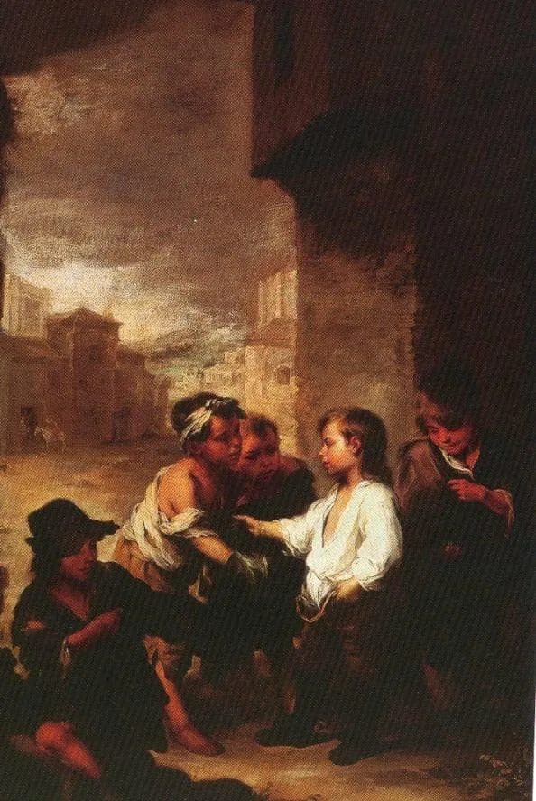 Saint Thomas of Villanueva dividing his clothes among beggar boys by Bartolome Esteban Murillo, 1667
