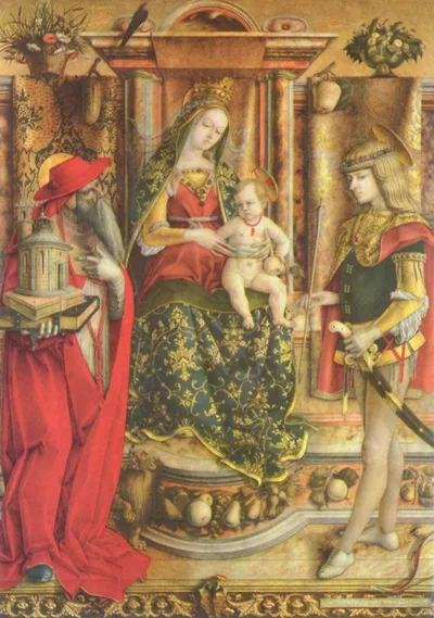 Enthroned Madonna, Saint Jerome, and St. Sebastian by Carlo Crivelli