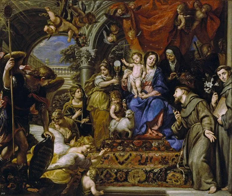 La Virgen con el Niño entre las Virtudes teologales y santos by Claudio Coello, 1669