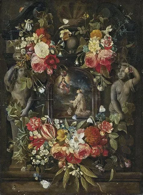The Virgin and Child appearing before a Saint, in a sculpted cartouche, surrounded by a garland of roses, tulips, narcissi, carnations, morning glory and other flowers, with butterflies and a bee, on a ledge by Daniel Seghers