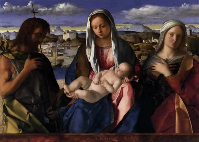 Madonna and Child with St.John the Baptist and a Saint, detail of the background waterside city by Giovanni Bellini