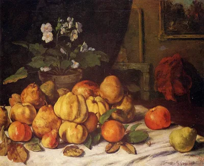 Still Life Apples, Pears and Flowers on a Table, Saint Pelagie by Gustave Courbet