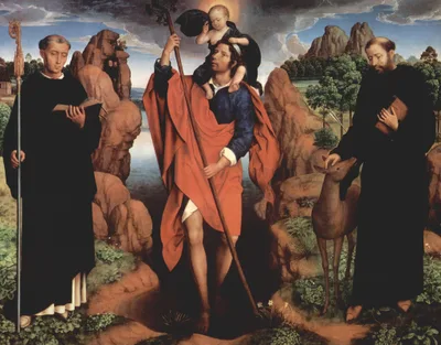 The triptych of Willem Moreel, middle panel Saint Christopher with Saint Maurus of Glanfeuil and Saint Giles by Hans Memling