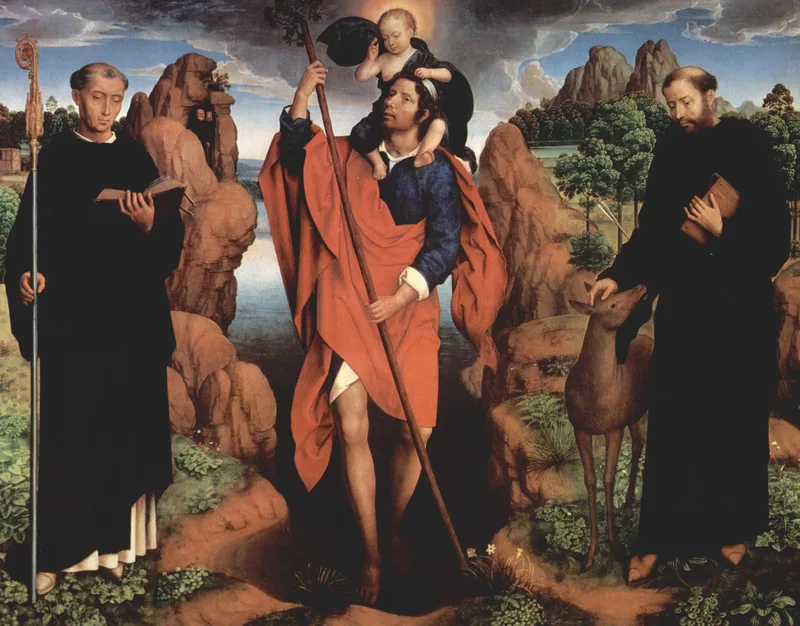 The triptych of Willem Moreel, middle panel Saint Christopher with Saint Maurus of Glanfeuil and Saint Giles by Hans Memling, 1484