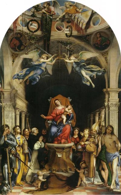 Altar polyptych of San Bartolomeo, Bergamo, main panel: Enthroned Madonna with Angels and Saints - Alexander of Bergamo, Barbara, Roch, Dominic by Lorenzo Lotto