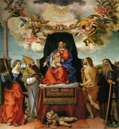 Enthroned Madonna with Angels and Saints, St. Catherine of Alexandria and St. Augustine on the left,  St. Sebastian and St. Anthony the Abbot on the right by Lorenzo Lotto