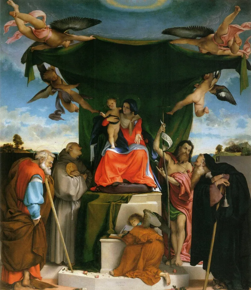 Enthroned Madonna with Angels and Saints, St. Joseph and St. Bernard on the left,  St. John the Baptist and St. Anthony the Abbot on the right by Lorenzo Lotto, 1521