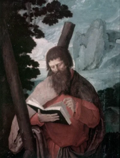 Saint Andrew in half figure, in front of a landscape by Lucas van Leyden