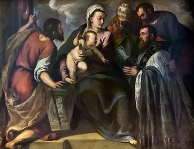 The Parish Priest Da Ponte in front of the Virgin, Saint Mark, Saint Sylvester and Saint James by Palma il Giovane