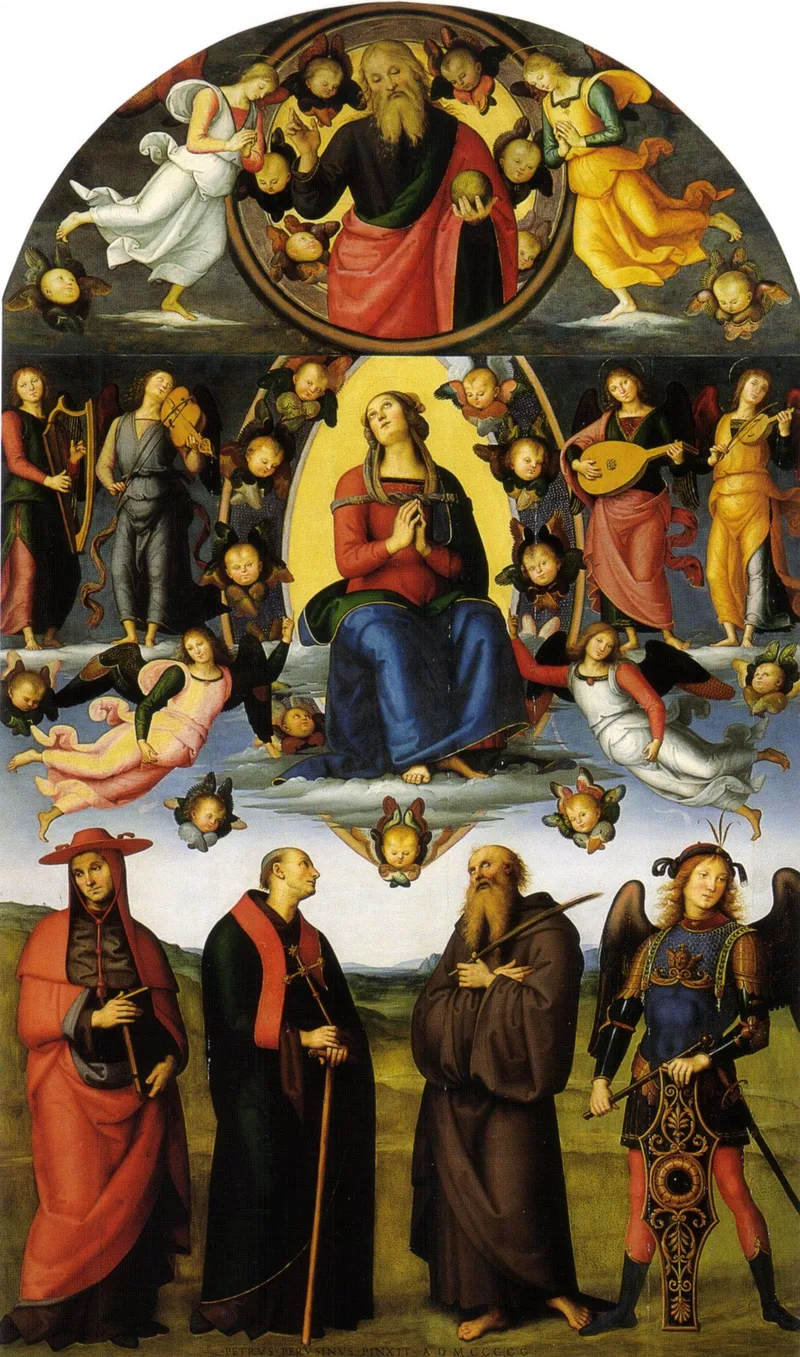 The Virgin enthroned, with angels and saints, Vallombrosa Alterpiece by Pietro Perugino, 1500